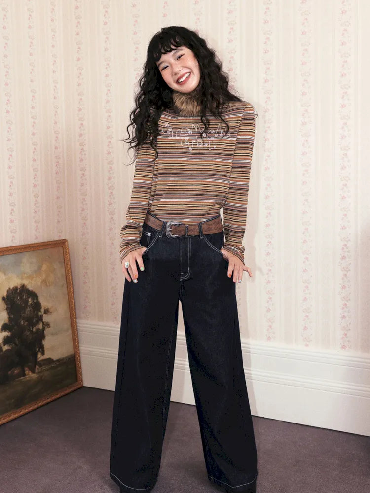 Retro Striped Embroidered Long-Sleeve T-Shirt【s0000013997】