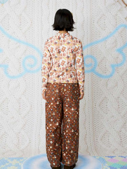 Candy Print Brown Corduroy Straight Pants【s0000014852】
