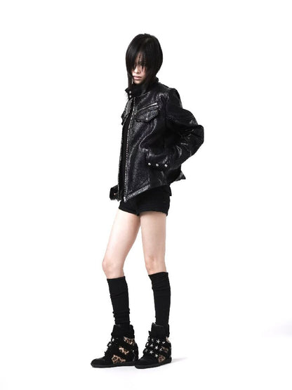 Armor Stand Collar Leather Zip Jacket【s0000018199】