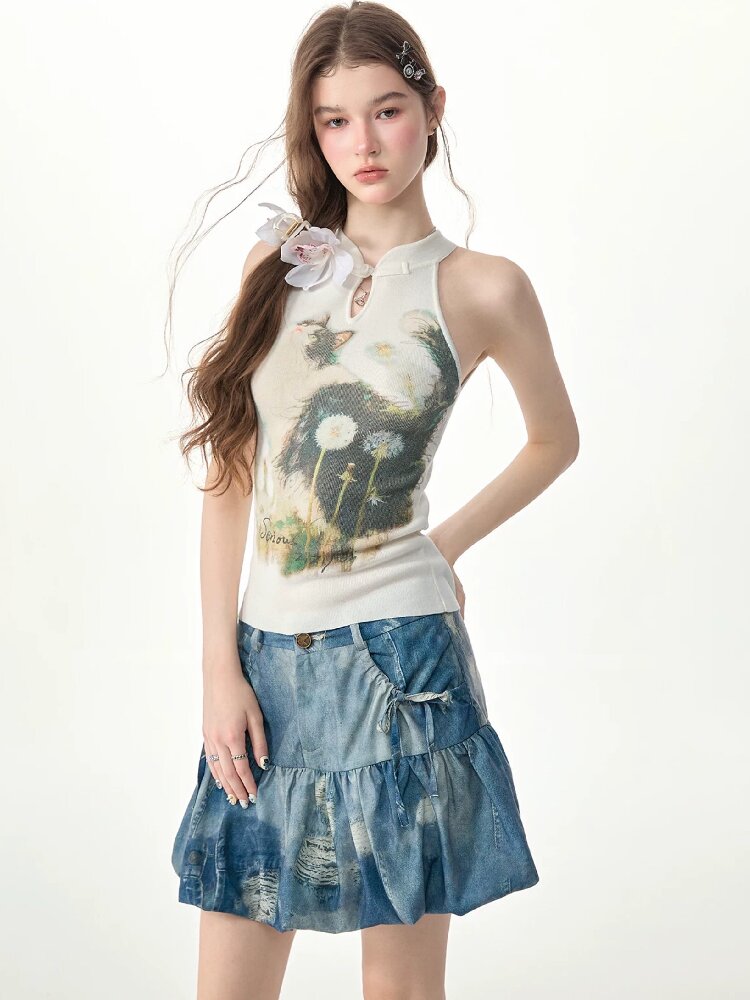 Halter Neck Cat Print Knit Vest【s0000017313】