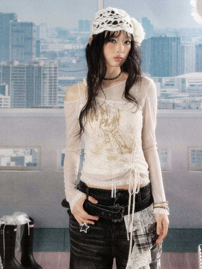 Lace Print Slanted Shoulder Tee【s0000016270】