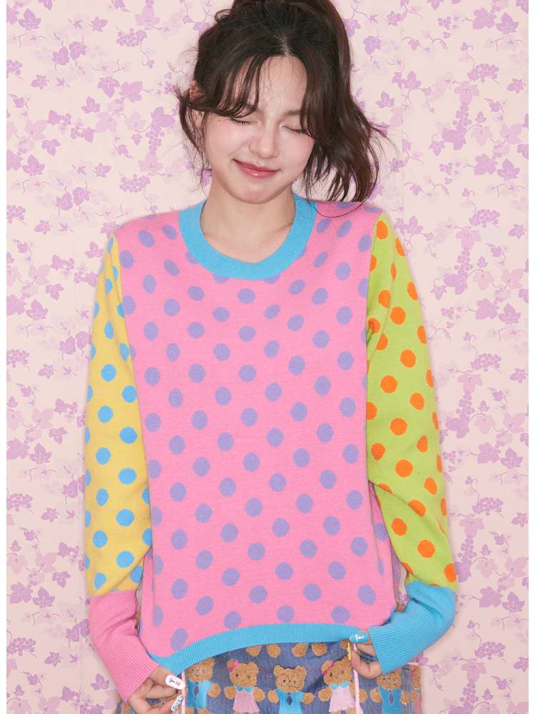 Contrasting Polka Dot Crew Neck Pullover【s0000014827】