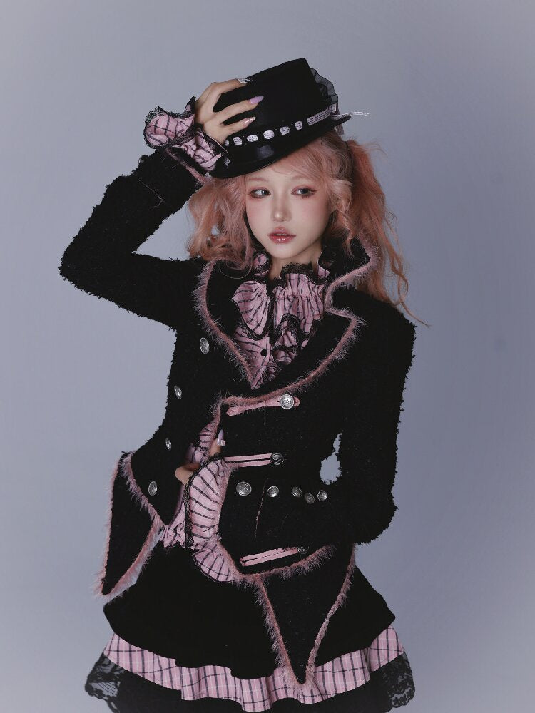 Pink Black Check Bow Flared Shirt【s0000016221】