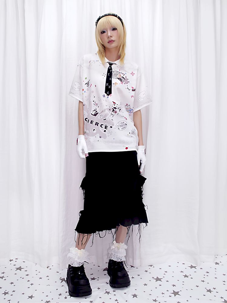 Sticker Print Embroidered Tie Polo Shirt【s0000013881】