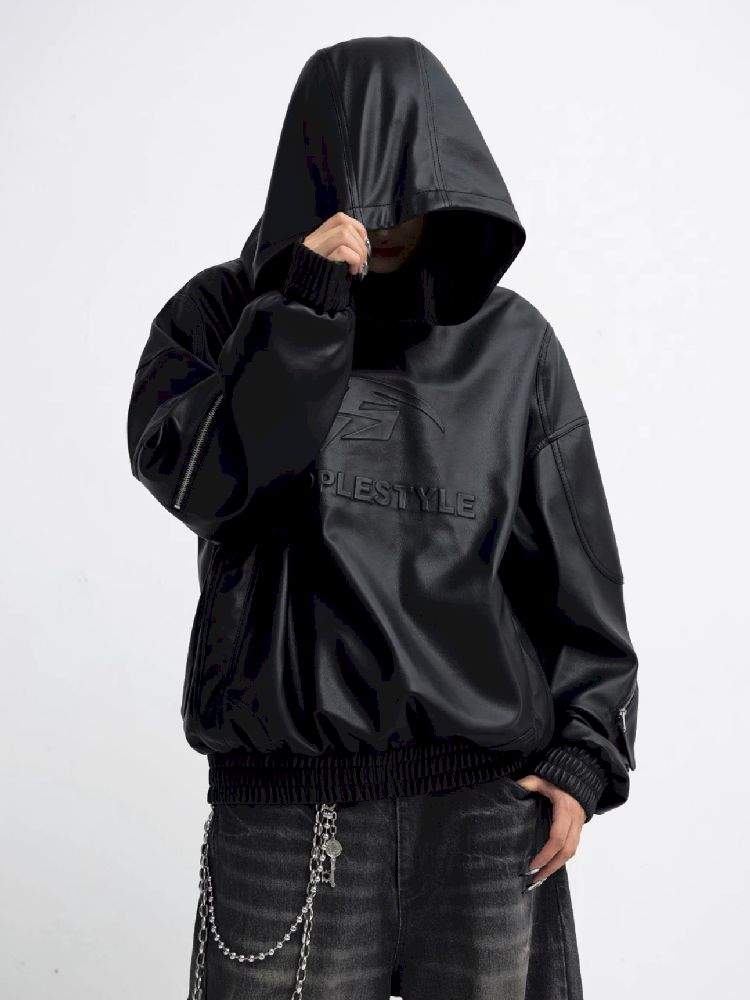 PU Leather Black Hooded Sweatshirt【s0000011348】