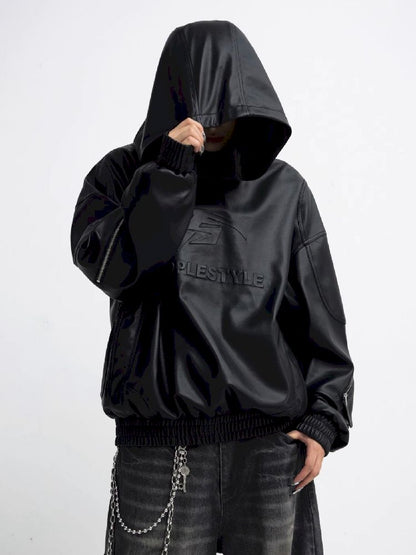 PU Leather Black Hooded Sweatshirt【s0000011348】