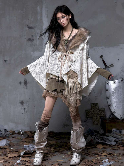 Knit Fur Collar Shawl Cape【s0000014659】