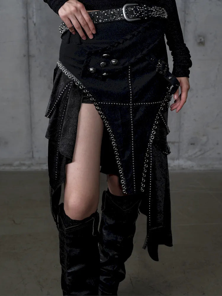 Asymmetric Leather-Satin Skirt【s0000013944】