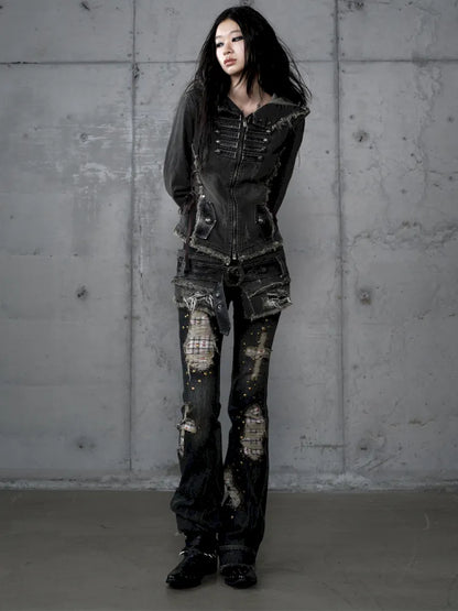 Denim Detachable Slim-Fit Hooded Jacket【s0000013951】