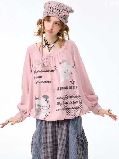 Lantern Sleeve Cat Print T-Shirt【s0000017878】