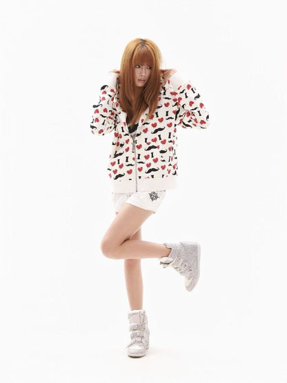 Heart Print Wide Zip Hoodie Jacket【s0000018354】
