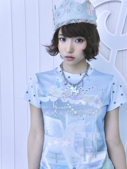 Rhinestone Unicorn Stitching Tee【s0000017132】
