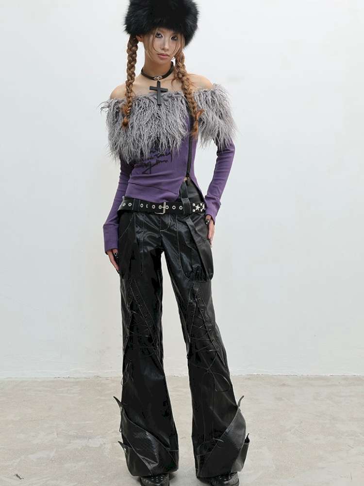 Hairy One-Shoulder Slim Print Knit T-Shirt【s0000014828】