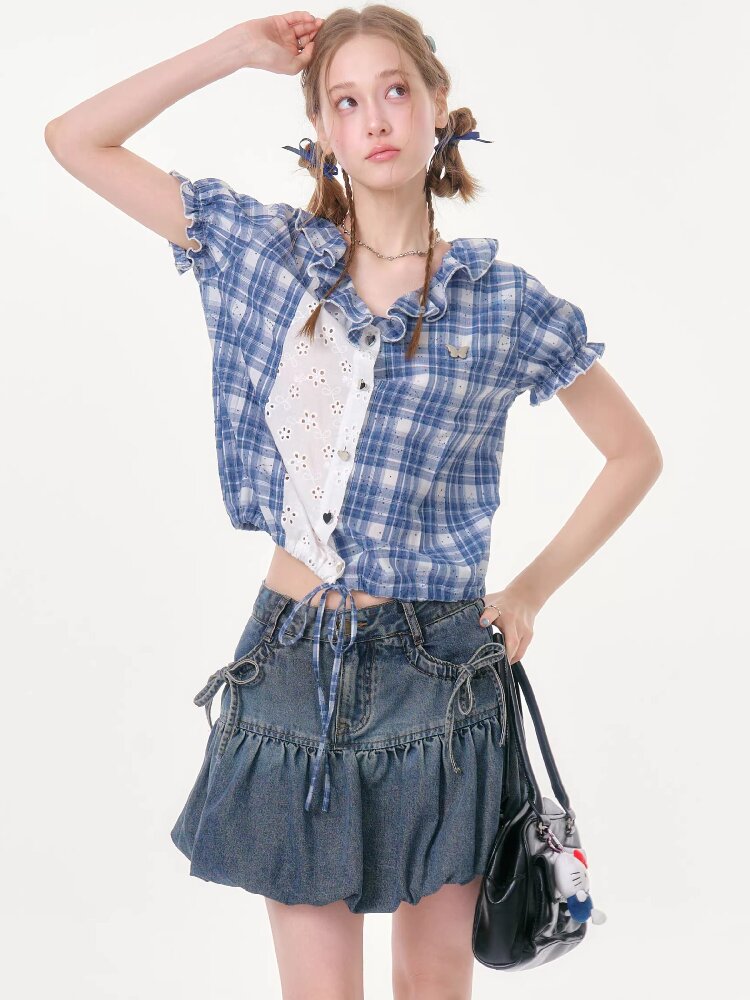 Plaid Splicing Hollow Shirt【s0000016618】