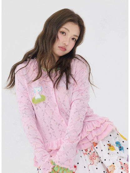 Pink Lace Bow Cut Out Knit Cardigan【s0000016196】