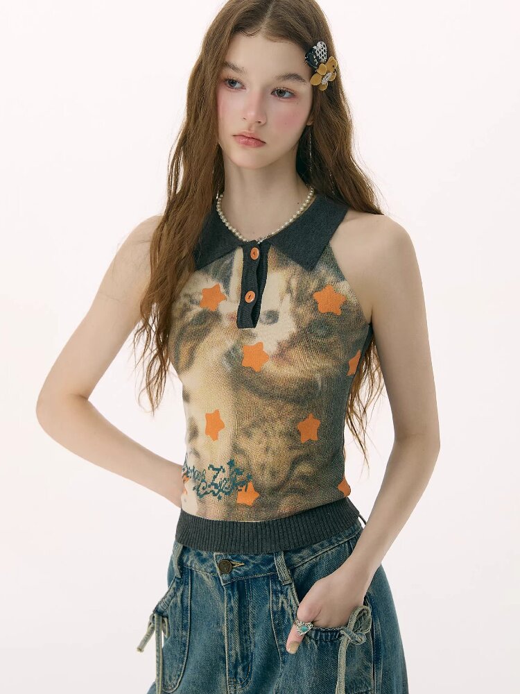 Starfall Cat Print Knitted Vest【s0000016849】