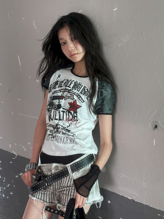 American Vintage Letter Embroidery Knit Short Sleeve T-Shirt【s0000008507】