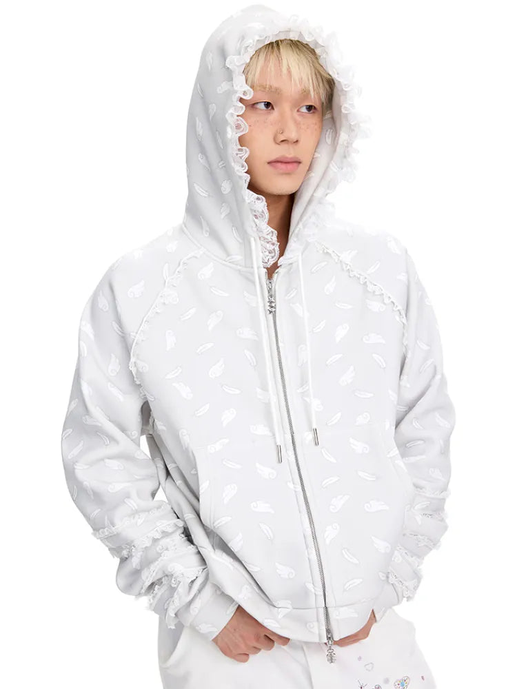 Wing Feather Print Lace-Trim Hoodie【s0000014096】