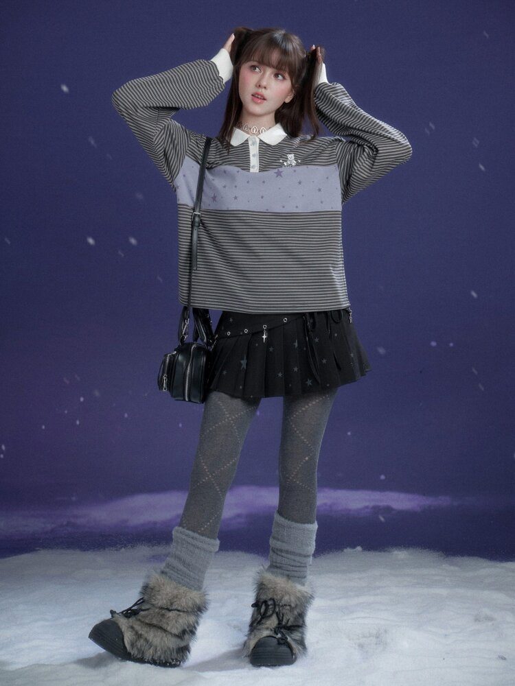 Purple Striped Loose Polo Shirt【s0000015470】