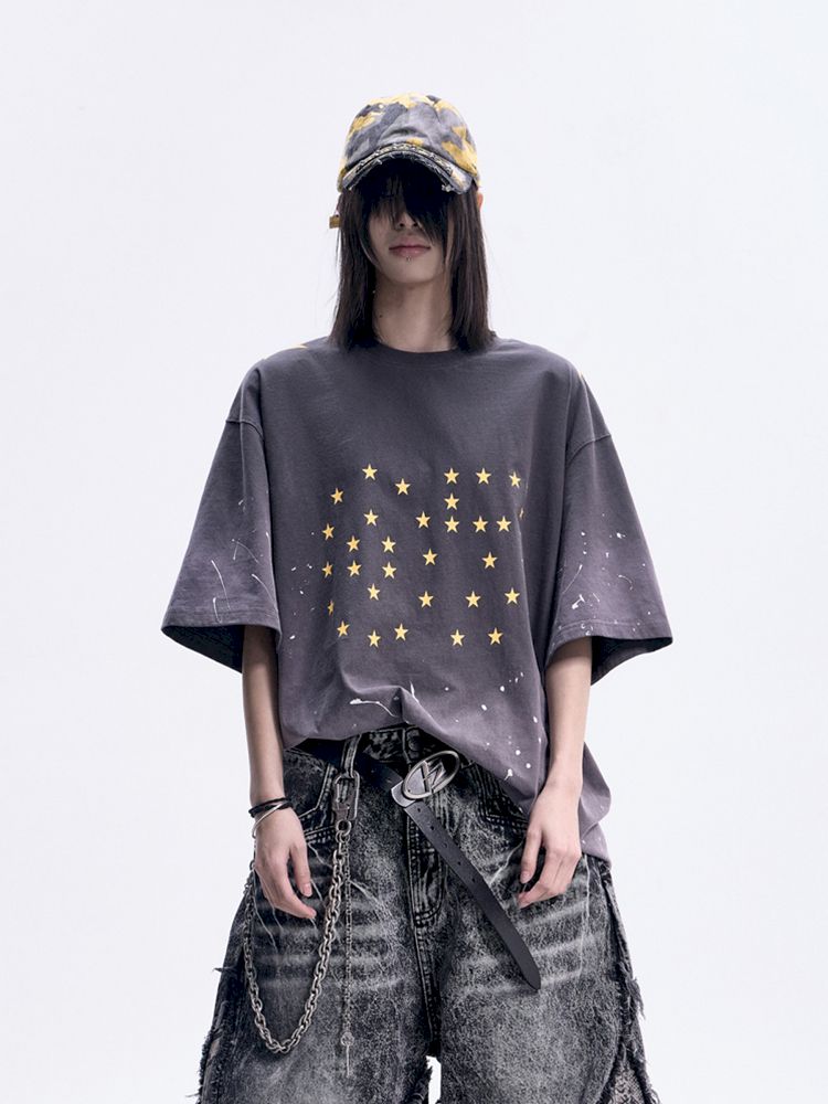 Ink Splatter Print Gradient Washed T-Shirt【s0000012094】