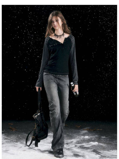 Leather-Trimmed Patchwork Pleated Jeans【s0000014424】