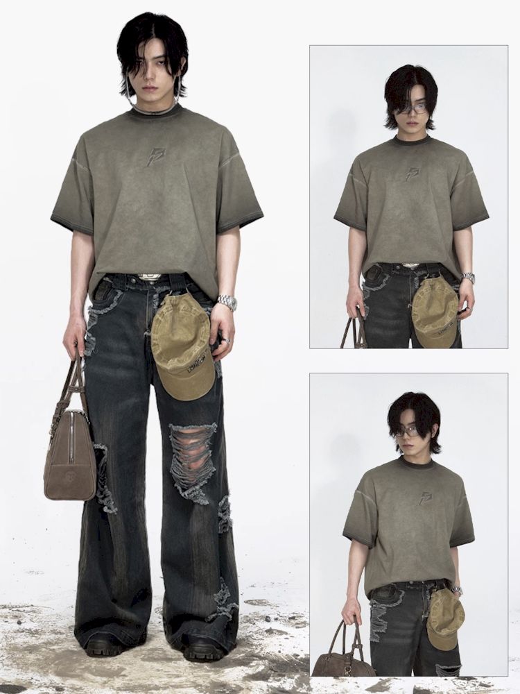 Vintage grey loose fit short sleeve tops【s0000008490】