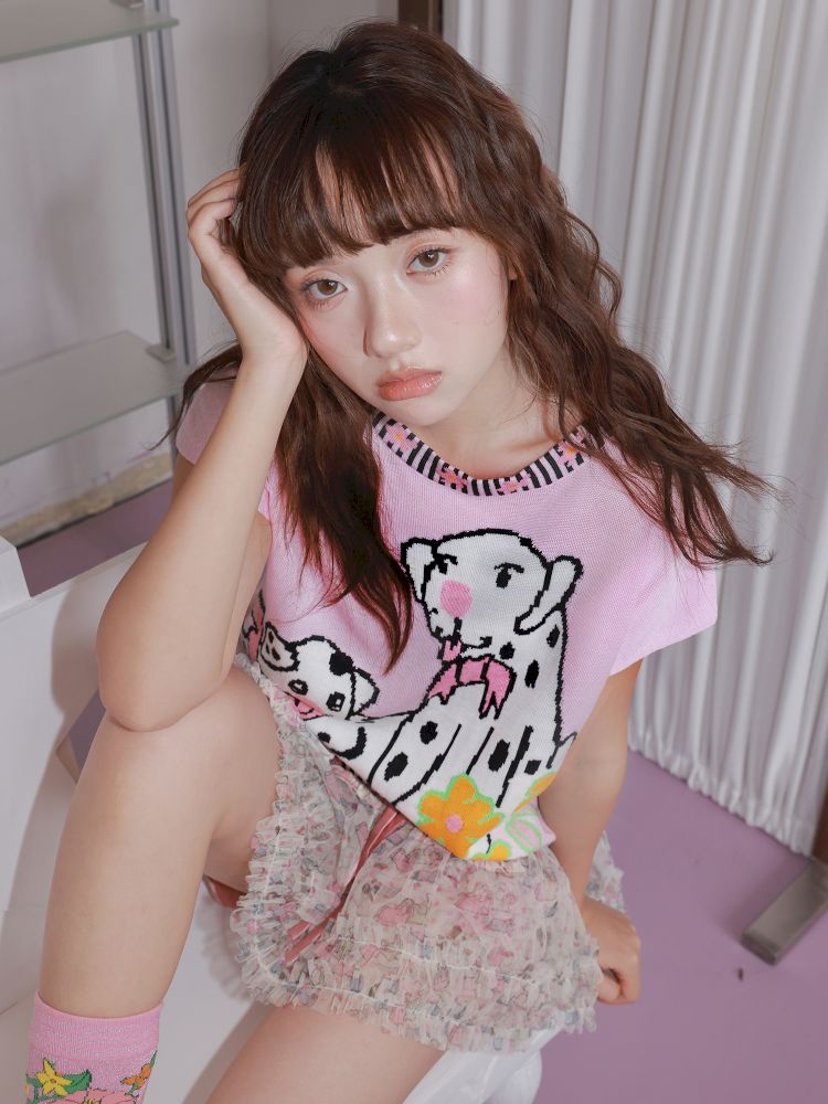 Pink Spotted Dog Knitted T-Shirt【s0000012823】