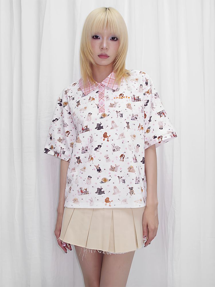Dog Print Oversize Polo Shirt【s0000013873】