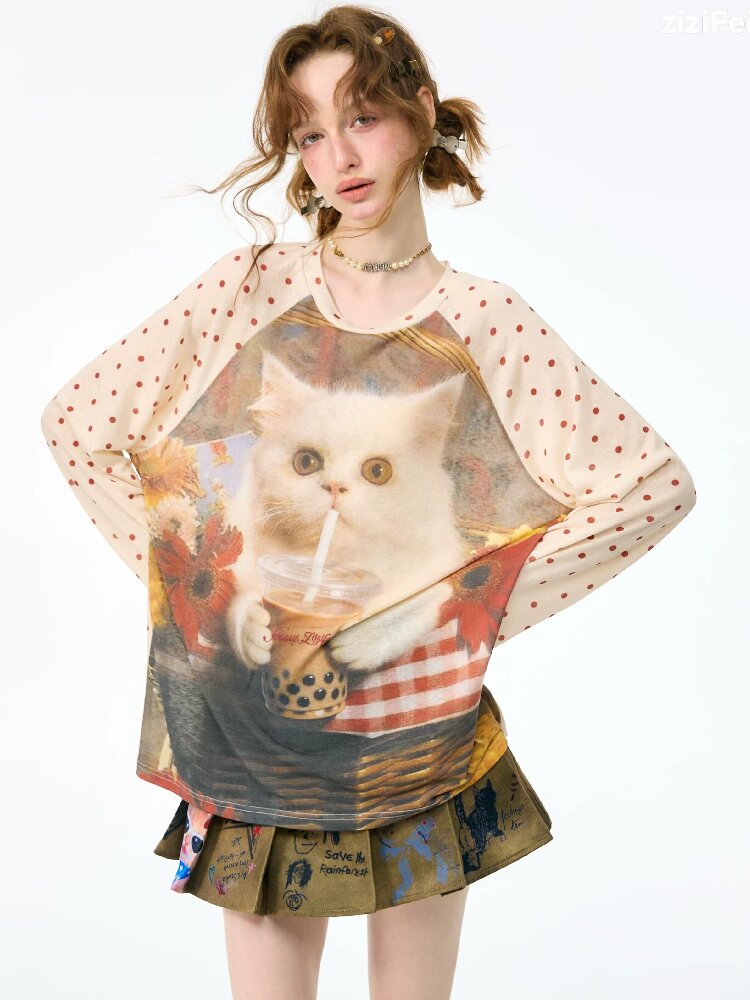 Raglan Cat Print Long Sleeve Top【s0000017886】
