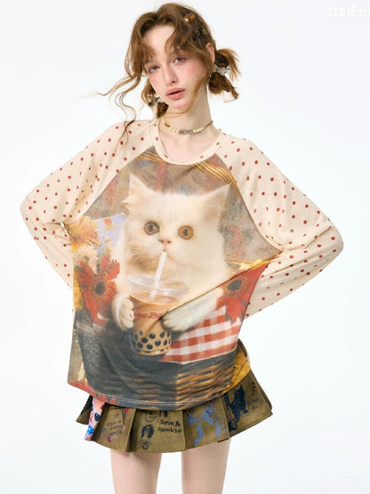 Raglan Cat Print Long Sleeve Top【s0000017886】