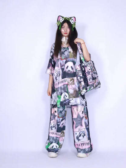 Panda Patchwork Print Off-Shoulder T-Shirt【s0000013979】