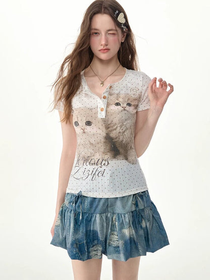 Cat Print Bodysuit Henry T Shirt【s0000017307】