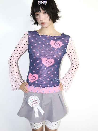 Pink Blue Mesh Flared Sleeve Top【s0000018675】