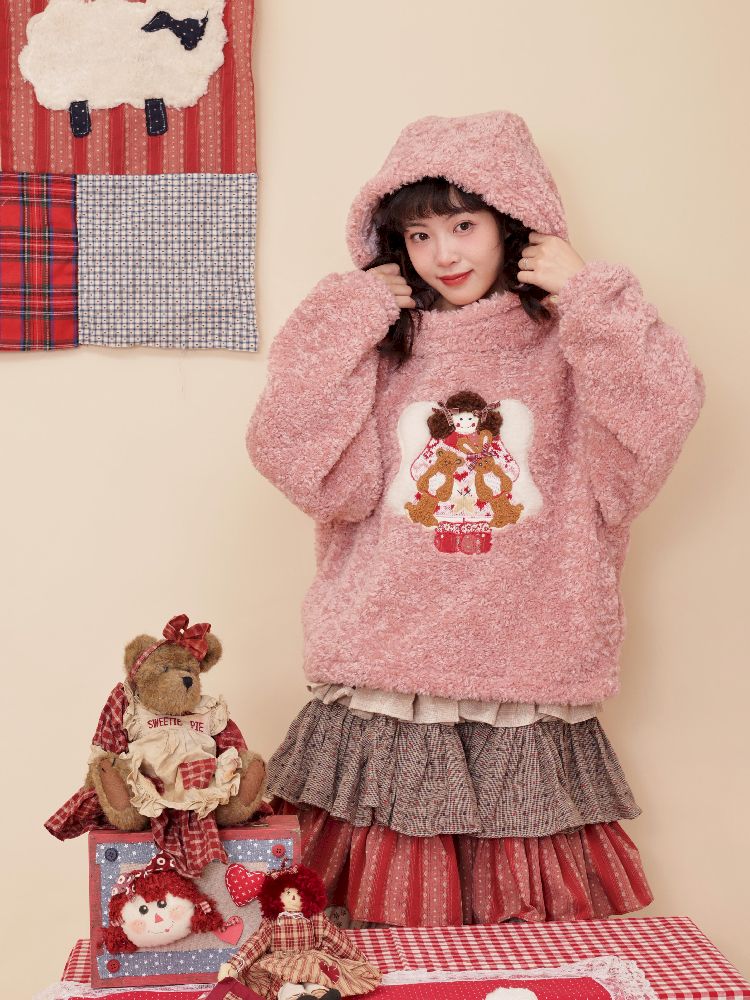 DOLL PATCH EMBROIDERED PINK HOODED JACKET [S0000010898]