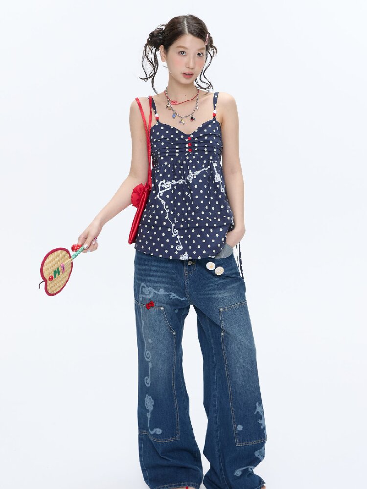 Summer Navy Blue Polka Dot Top【s0000016395】
