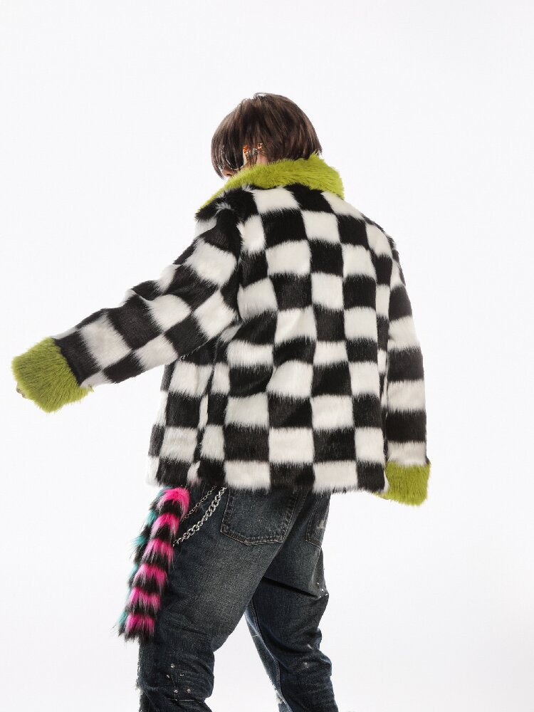 Checkerboard Patchwork Faux Coat【s0000019278】