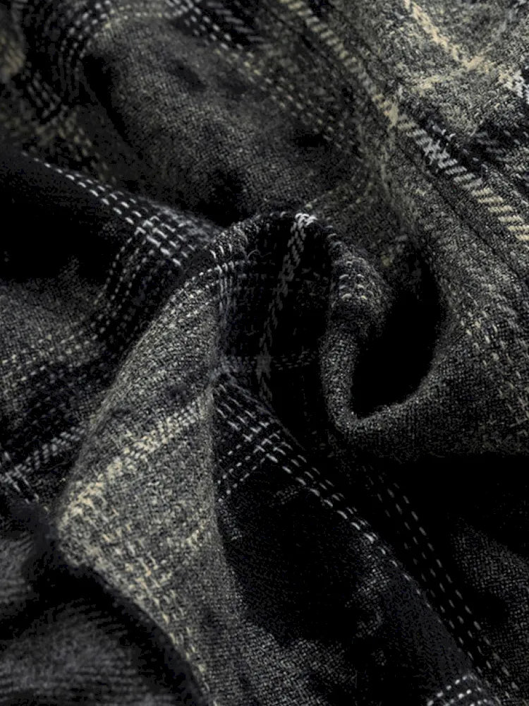 Drawstring Black-Gray Checkered Shir【s0000013959】