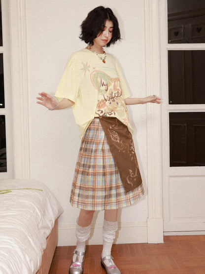 Plaid Flower Pleated Spliced Skirt【s0000015465】