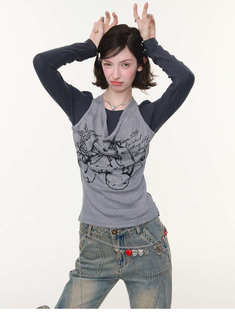 Rabbit Print Slim Halterneck Top【s0000015436】