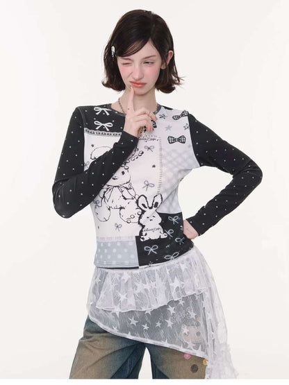Rabbit Print Bow Contrast Top【s0000015433】