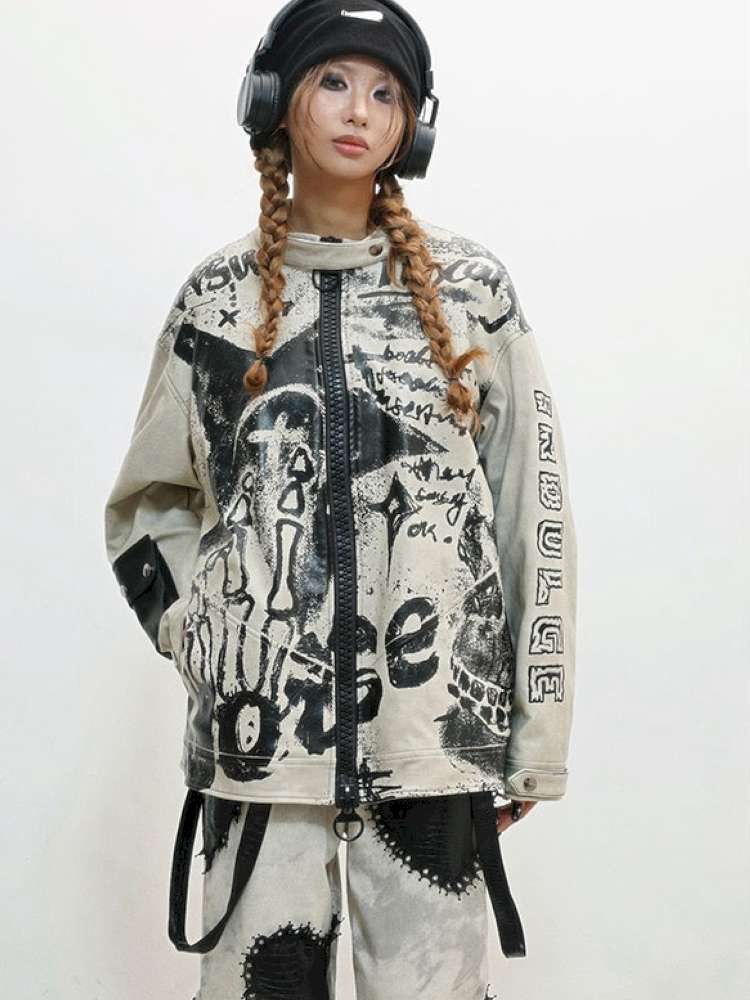 Old Printed Motorcycle Punk Thick Leather Jacket【s0000014829】