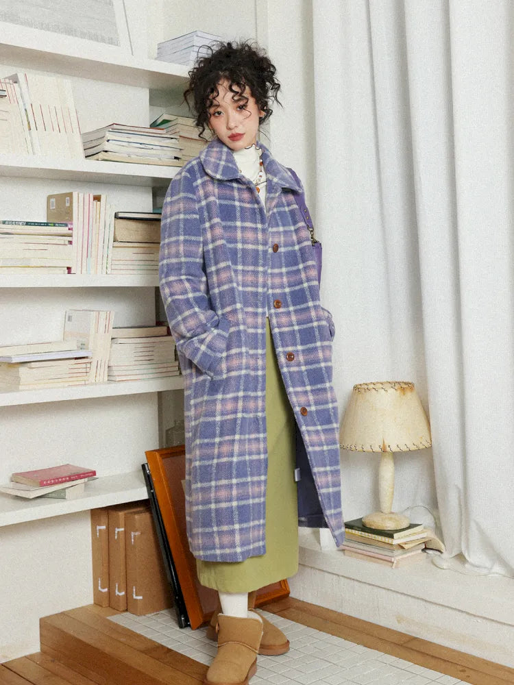 Plaid Long Purple Wool Coat【s0000013986】