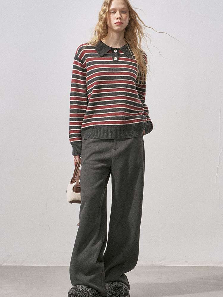Cotton Wool Striped Polo Pullover【s0000015233】