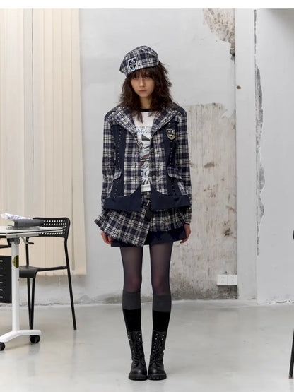 College Punk Badge Plaid Blazer【s0000014204】