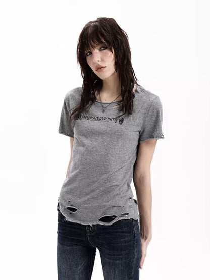 Vintage Faded Gray Damaged T-Shirt【s0000018295】