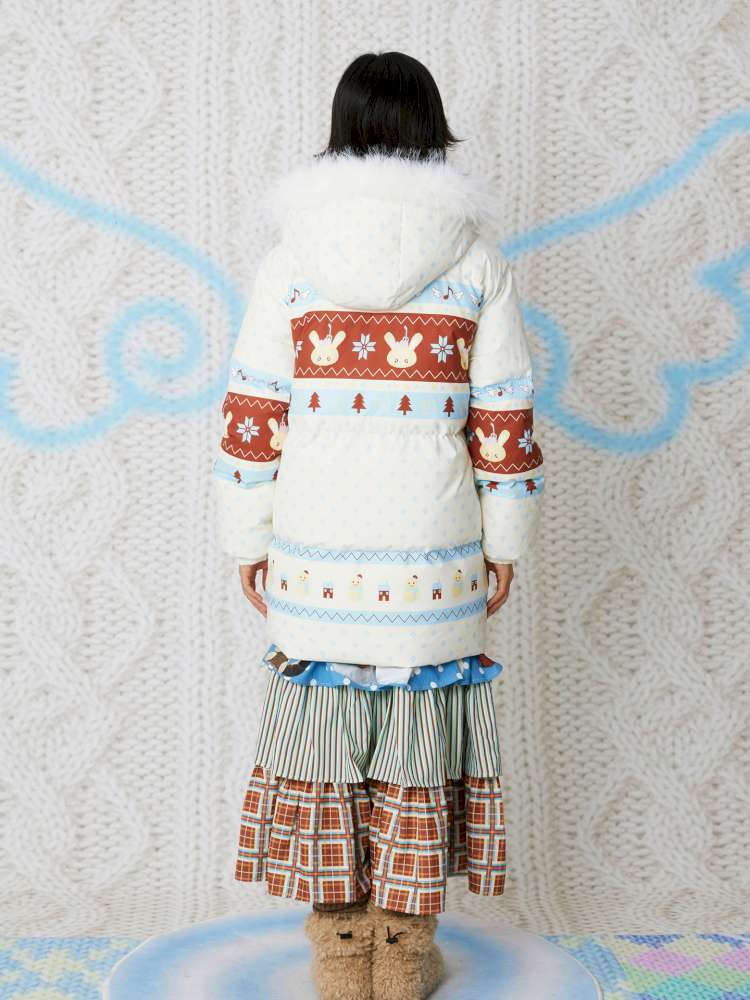 Fair Isle White Hooded Print Down Jacket【s0000014858】