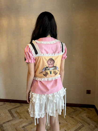 Cute doll print lace bow vest【s0000012760】