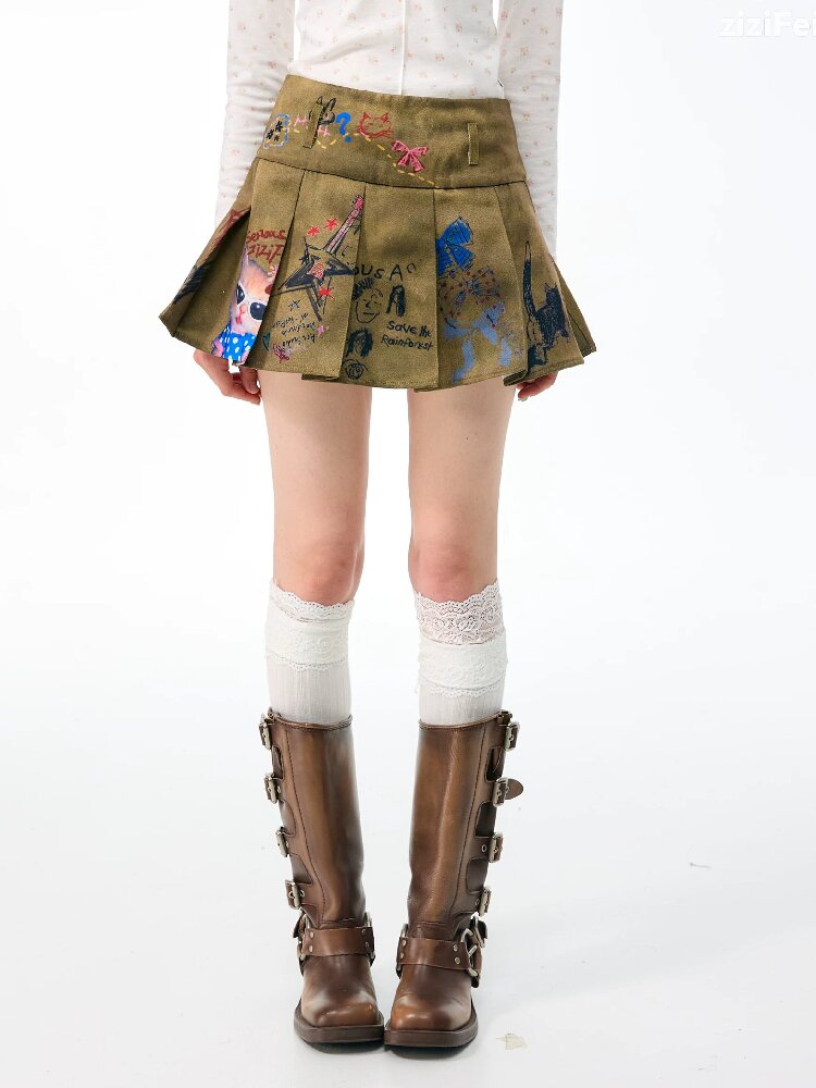 Graffiti Print Pleated Skirt【s0000017889】