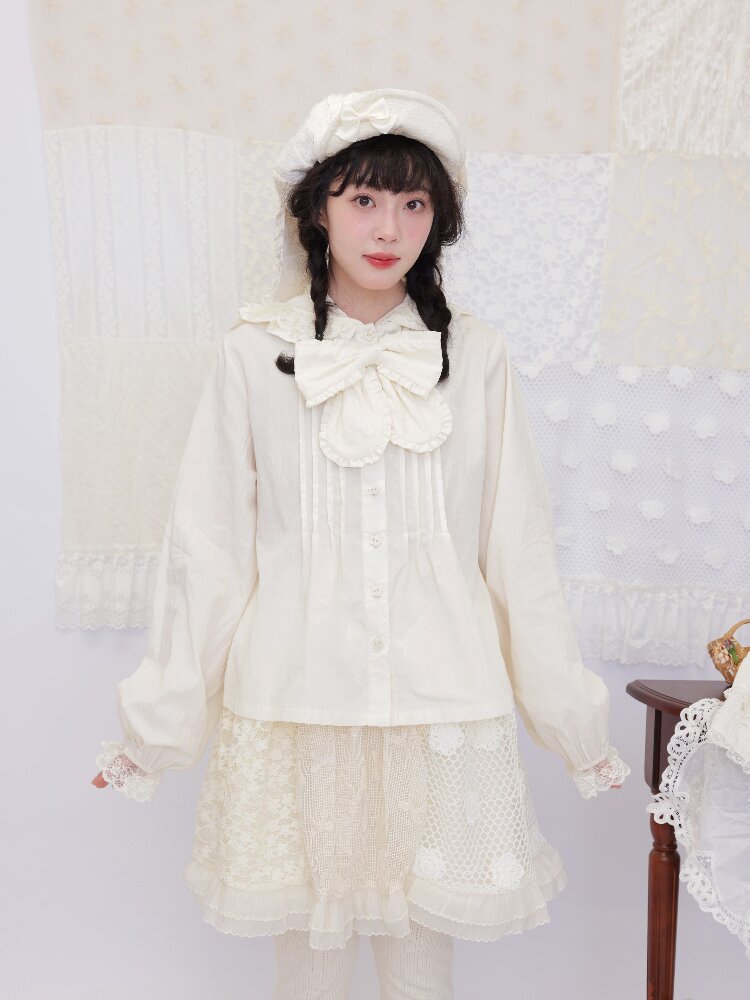 Lace Detachable Bow Pleated Shirt【s0000016501】