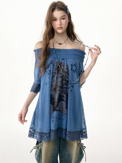 Lace Patchwork Dot Cat Print T-Shirt【s0000017306】